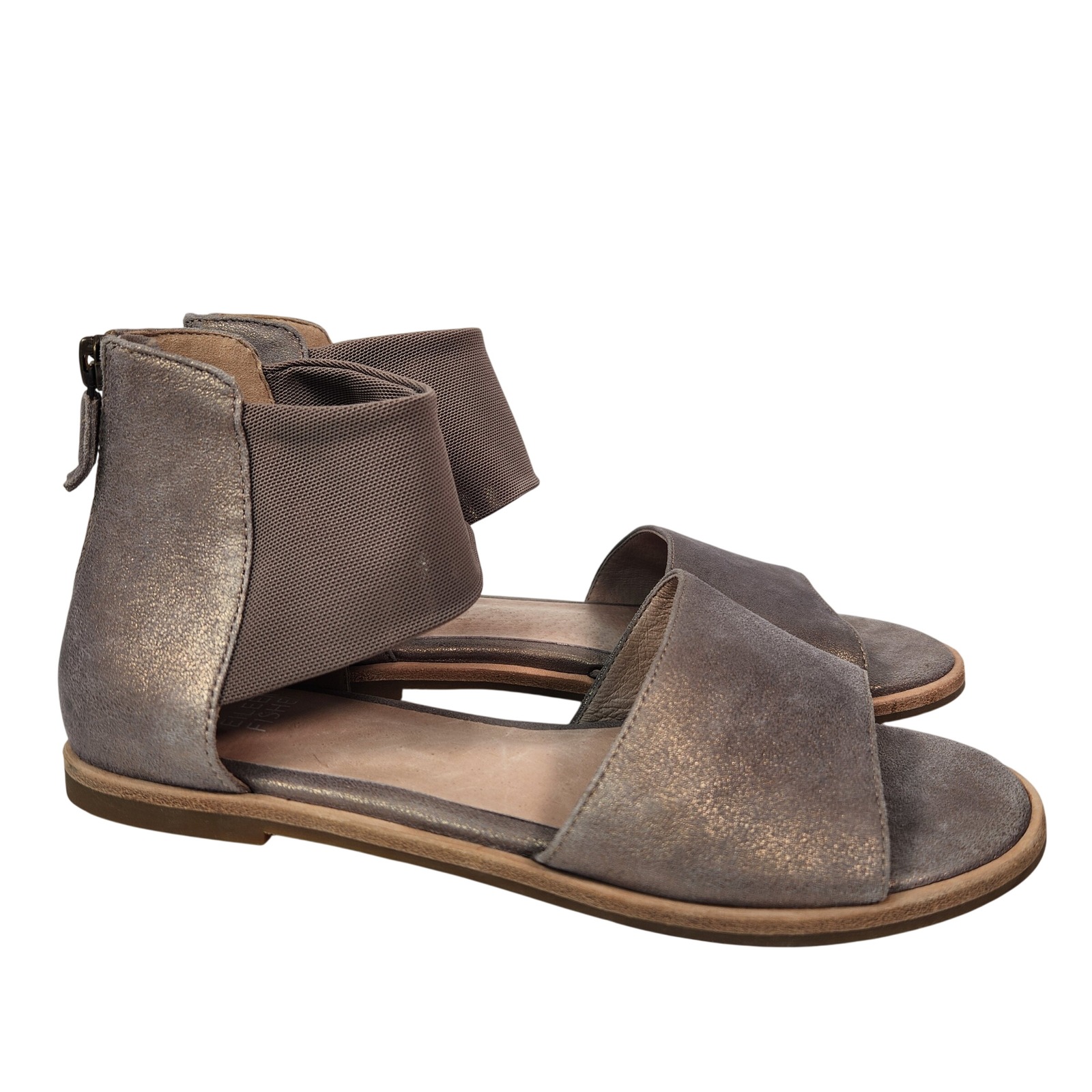 Eileen Fisher Sign Stretch Metallic Bronze Leather Ankle Band Flat Sandals 6.5